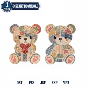 Teddy Bear Patchwork Applique Embroidery Design, Baby Bear Applique Embroidery, Machine Embroidery Design, Instant Download