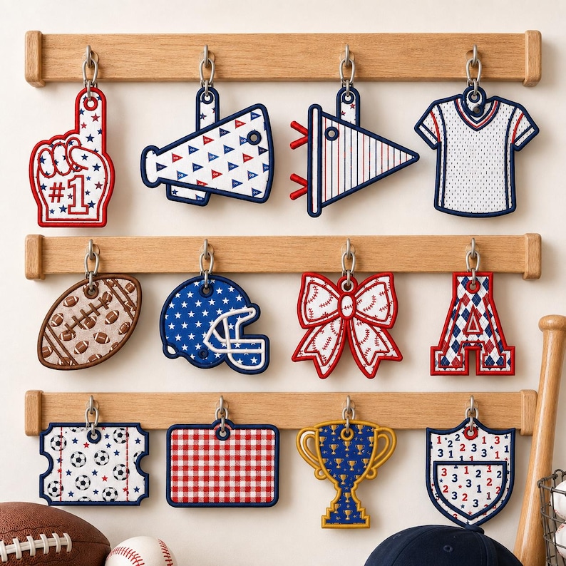 May include: A wooden rack with three horizontal bars holding twelve hanging ornaments featuring sports-themed designs including a foam finger, megaphone, pennant, jersey, football, helmet, bow, letter A, soccer ball, trophy, and shield.