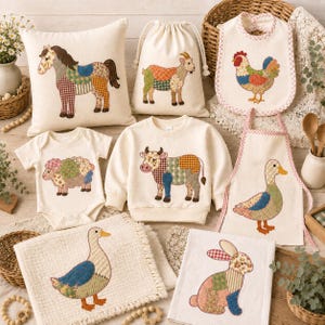 Disegno per ricamo di applicazioni di animali patchwork, file per ricamo di applicazioni di animali da fattoria, download immediato