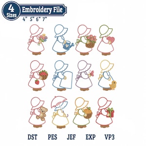 May include: An embroidery file with 12 different designs of a girl in a bonnet holding various items. The designs are in various colors and include a watering can, flowers, a heart, a basket of strawberries, a butterfly, and a teddy bear. The file includes 4 sizes: 4", 5", 6", and 7".