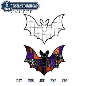 May include: Two bat-shaped embroidery designs. The top design is a black outline with a grid pattern. The bottom design features a colorful patchwork pattern with Halloween motifs including ghosts, pumpkins, and skeletons. Text includes 6 Sizes 3" 4" 5" 6" 7" 8" and file formats DST, PES, JEF, EXP, VP3.