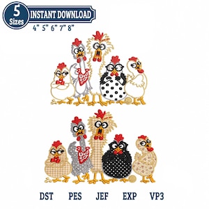 May include: Two rows of machine embroidery designs featuring five cartoon chickens in various patterns and colors. The text reads 5 SIZES INSTANT DOWNLOAD 4" 5" 6" 7" 8" and DST PES JEF EXP VP3. The chickens have red combs, yellow beaks, and feet.