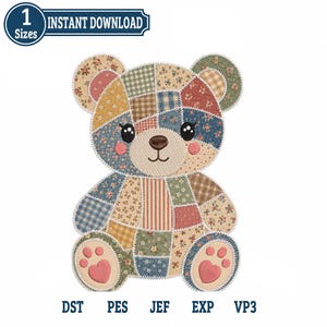 May include: An embroidery design of a patchwork teddy bear featuring various floral, plaid, and striped fabric patterns in blue, red, and beige tones. The bear has heart-shaped paw pads and includes the text 1 SIZES, DST, PES, JEF, EXP, VP3.