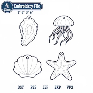 Puede incluir: Un archivo de bordado con cuatro diseños marinos: una ostra, una medusa, una concha y una estrella de mar. El archivo incluye tamaños de 7.6cm, 10.2cm, 12.7cm y 15.2cm y es compatible con los formatos DST, PES, JEF, EXP y VP3.