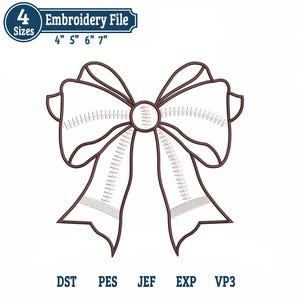 Può includere: Un design di file di ricamo con un fiocco dettagliato con accenti cuciti. Il design è delineato in marrone e include il testo "Embroidery File" e opzioni di dimensioni di 10 cm, 13 cm, 15 cm e 18 cm. Formati file: DST, PES, JEF, EXP, VP3.