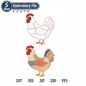 Disegno di applicazione patchwork di gallina per ricamo a macchina, motivo floreale patchwork di gallina / ricamo a macchina di animali da fattoria, download immediato