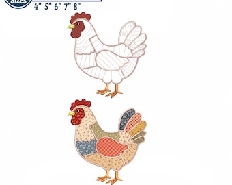 Chicken Patchwork Appliqué Design for Machine Embroidery, Patchwork Floral Hen Pattern | Farm Animal Machine Embroidery, Instant Download
