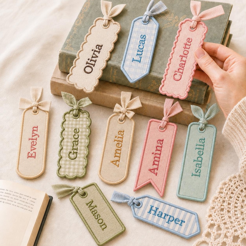 May include: A collection of rectangular fabric bookmarks featuring embroidered names including Olivia, Lucas, Charlotte, Evelyn, Grace, Amelia, Amina, Isabella, Mason, and Harper. Each bookmark has a fabric ribbon tie at the top and various edge shapes.