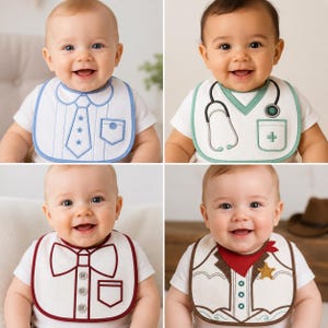 May include: A set of four white baby bibs featuring printed designs of a dress shirt with a tie, a medical scrub top with a stethoscope, a dress shirt with a bow tie, and a western-style shirt with a sheriff star and red neckerchief.