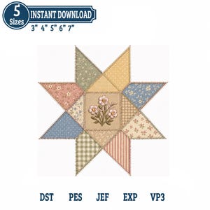 Patchwork Quilting Star Applique Embroidery Design, Thrifting Inspired Quilt Star Embroidery Design, Vintage, Digital Download
