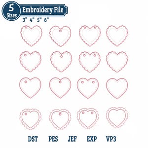 Könnte beinhalten: Ein digitales Stickdateien-Set mit sechzehn herzförmigen Umrissen in verschiedenen gewellten und glatten Stilen. Der Text 5 Sizes 3" 4" 5" 6" steht oben, während die Formate DST, PES, JEF, EXP und VP3 unten aufgeführt sind.