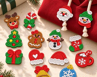 May include: A collection of embroidered Christmas-themed patches including a reindeer, candy cane, tree, gingerbread person, snowman, stocking, gift, mitten, Santa hat, mug, bell, and ornament, alongside two patches attached to a red hoodie drawstring.