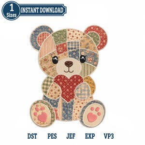 May include: An embroidery design of a teddy bear constructed from various floral and plaid fabric patches in shades of red, blue, green, and beige. The bear holds a large red heart and features pink heart-shaped paw pads. Text includes 1 Sizes, DST, PES, JEF, EXP, VP3.
