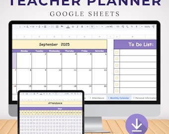 May include: A digital teacher planner displayed on a computer monitor and tablet. The planner shows a calendar for September 2025, a to-do list, and an attendance sheet. The text "TEACHER PLANNER GOOGLE SHEETS" is at the top, with an "Instant Download" graphic.