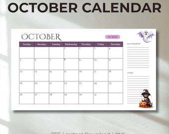 Monthly Planner October 2025 Calendar Template, Halloween Calendar Printable PDF, PNG