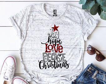 Joy Hope Love Peace Buffalo Plaid Christmas Tree Unisex Tee Shirt