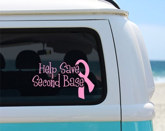 Help Save Second Base Pink Breast Cancer Decal Sticker . Awareness ribbon decal .  awareness ribbon . cancer ribbon . cancer gifts