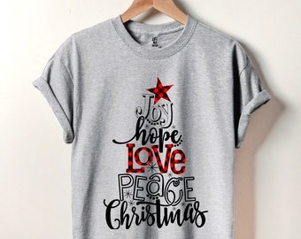 Joy Hope Love Peace Christmas Tree Buffalo Plaid Unisex Tee Shirt