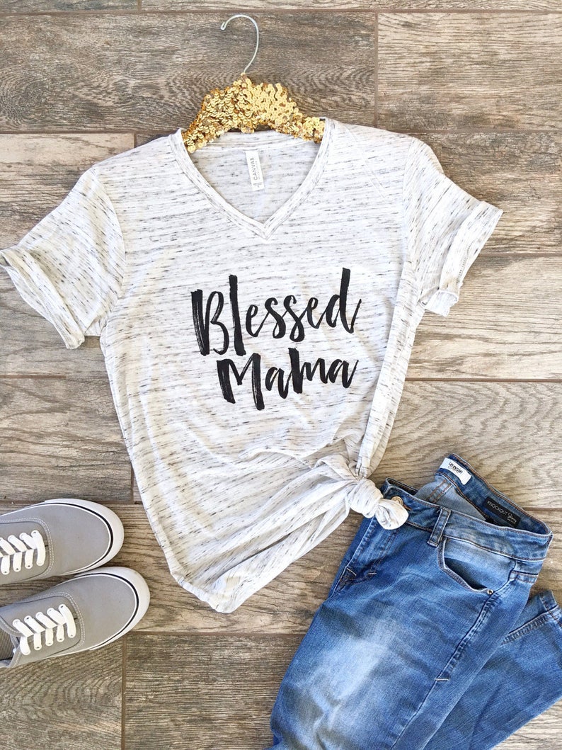 Blessed Mama Shirt // Boyfriend Style Unisex Tee // Cute Motherhood Shirt // Mom Life Graphic Tee // Pregnancy Gift // new mom gift image 2