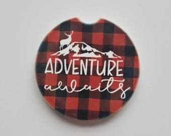 Adventure Awaits Buffalo Plaid car Coasters set {Option of single or Set of 2}  Car Coaster