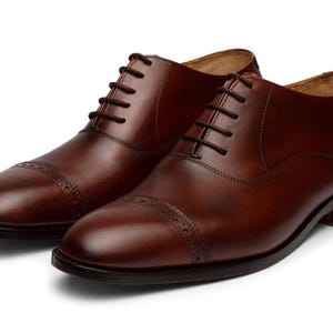 Zapatos Oxford marrones de cuero hechos a mano para hombre, zapatos de vestir formales con punta marrón