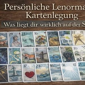 May include: A collection of Lenormand cards, each featuring unique illustrations. The cards are arranged on a wooden surface, with text in German at the top. The cards depict various scenes and symbols.