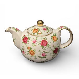 May include: Cream-colored ceramic teapot with a floral rose pattern in red, yellow, and pink. The teapot has a gold-colored handle, spout, and lid trim, and a gold knob on the lid. A classic tea party item.