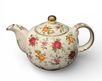 Tetera Royal Albert Old Country Roses Classic IV con ribete dorado, porcelana fina, año 2000