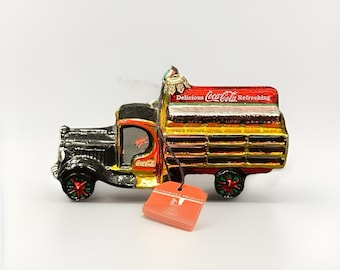 Adorno de camión de reparto de Coca-Cola vintage, de cristal, modelo Polonaise de Kurt Adler, 1996.