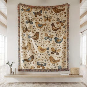 Scandi Folk Art Woven Throw Blanket | Nordic Heart & Floral Tapestry | Red Beige Cottagecore Home Decor | Gift for New Home