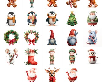 27 lindas ilustraciones navideñas en acuarela: Santa, zorro, calcetín, pingüino, corona, arte festivo, imprimible, jpg, descarga digital