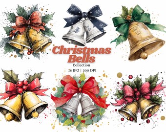Paquete de imágenes prediseñadas de campanas navideñas, decoración navideña con lazo, corona, campanas doradas, cinta roja y verde, ilustraciones invernales, conjunto de ilustraciones JPG, 300 DPI, digital