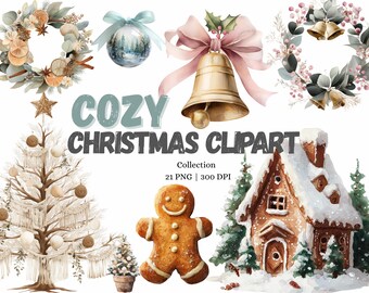 Paquete de 21 imágenes prediseñadas navideñas acogedoras PNG, decoración navideña Hygge, taza de jengibre, corona, árbol, cabaña, ilustración invernal, 300 DPI, digital