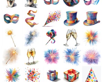 35 ilustraciones festivas de Año Nuevo con acuarela, fuegos artificiales, globos, gráficos de celebración, diseño artístico navideño (jpg)