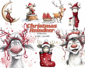 Paquete de imágenes prediseñadas de renos navideños: Rodolfo, animales navideños, ilustraciones de invierno, calcetines, trineos, regalos, JPG, 300 DPI, conjunto de arte navideño