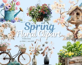 Paquete de ilustraciones florales de acuarela de primavera, flores, elementos botánicos de estilo cottagecore, jardín vintage, PNG JPG, conjunto de arte floral de primavera, 300 DPI