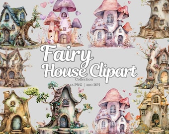Imágenes prediseñadas de casas de hadas, casas mágicas estilo cottagecore, casas de hongos PNG, conjunto de imágenes prediseñadas de fantasía de bosque, arte de hadas, paquete de 16 PNG, 300 DPI