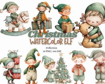 Paquete de 19 imágenes prediseñadas de elfos navideños en acuarela, lindos elfos navideños PNG, 300 DPI, personajes navideños para niños, regalos de árbol de Navidad, ilustración de invierno