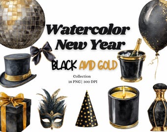 16 Descargas digitales: clipart de acuarela de Año Nuevo, clipart de Nochevieja en negro y dorado, clipart de botella de champán, clipart de sombrero de fiesta, clipart de Nochevieja