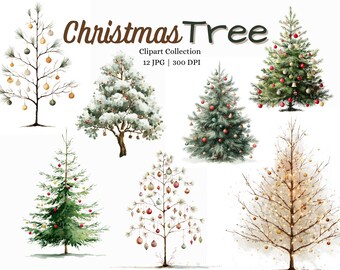 Conjunto de imágenes prediseñadas de árbol de Navidad en acuarela, árboles navideños, ilustración de vegetación invernal en formato JPG, paquete de árboles de acuarela, arte navideño imprimible, 300 DPI