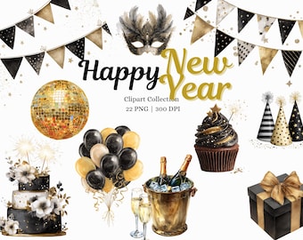 Clipart de Nochevieja, oro negro, NYE PNG, acuarela, decoración de fiesta, champán, bola de discoteca, globos, paquete de ilustraciones de Año Nuevo, 300 DPI