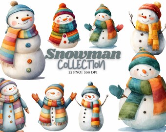 Imágenes prediseñadas de muñeco de nieve de acuarela, muñeco de nieve de invierno, ilustraciones de muñecos de nieve lindos, arte de muñeco de nieve navideño, diseños de sublimación de vacaciones, descarga digital