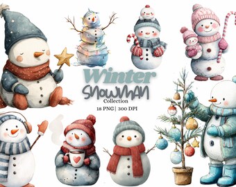 Paquete de 18 imágenes prediseñadas de muñeco de nieve de invierno, lindo muñeco de nieve PNG, 300 DPI, conjunto de ilustraciones de muñecos de nieve en acuarela, arte navideño de invierno para manualidades de sublimación.