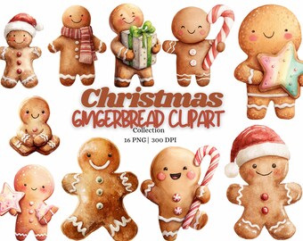 Clipart de pan de jengibre navideño PNG Lindo hombre de jengibre Paquete 16 PNG 300 DPI Clipart de galletas navideñas Diseños de sublimación navideña Digital