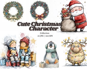 Lindo paquete de imágenes prediseñadas de personajes navideños, animales festivos, Papá Noel, reno, pingüino, corona para niños, regalos, arte invernal, conjunto de ilustraciones JPG de 300 DPI