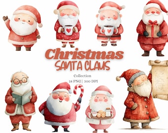 Paquete de imágenes prediseñadas de Papá Noel navideño, lindos personajes navideños de Papá Noel, Papá Noel vintage PNG, 18 diseños, 300 DPI, conjunto de ilustraciones de invierno