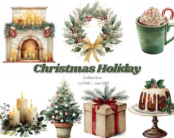 Clipart de Navidad con chimenea acogedora, corona, taza, velas, árbol, regalo PNG, acuarela, decoración navideña, paquete de ilustraciones, 300 DPI