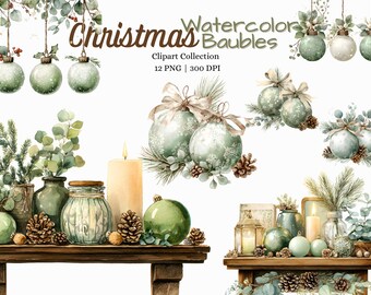 Adornos navideños de acuarela, clipart, adornos verde salvia, PNG, decoración navideña moderna, bolas navideñas botánicas de invierno, conjunto de acuarela digital