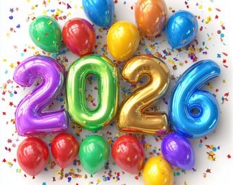 Paquete de imágenes prediseñadas de globos de Año Nuevo 2026, Nochevieja 2026, 13 JPG, globos de fiesta dorados, confeti, celebración festiva, conjunto de imágenes prediseñadas, 300 DPI