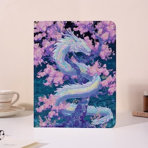 May include: A rectangular tablet case featuring a vibrant illustration of a long, serpentine dragon with iridescent scales coiled around a dark tree with bright pink cherry blossoms against a deep blue, wavy, water-like background pattern.